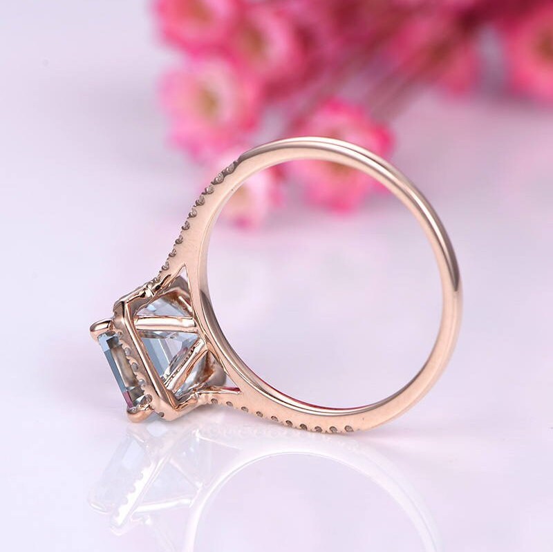 Aquamarine ring Aquamarine engagement ring diamond wedding band 6x8mm emerald cut birthstone anniversary ring 14k rose gold wedding ring