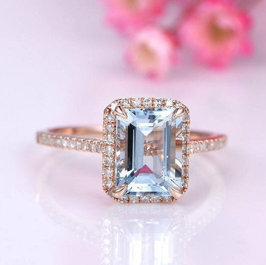 Aquamarine ring Aquamarine engagement ring diamond wedding band 6x8mm emerald cut birthstone anniversary ring 14k rose gold wedding ring