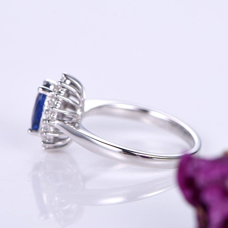 Sapphire ring 0.75ct blue sapphire engagement ring diamond ring diamond halo plain gold band solid 14k white gold bridal ring promise ring