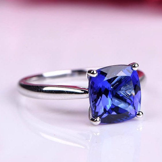 Sapphire engagement ring 9mm cushion cut lab created blue sapphire plain gold band solid 14k white gold anniversary ring custom jewelry