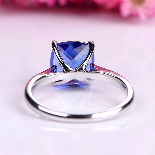 Sapphire engagement ring 9mm cushion cut lab created blue sapphire plain gold band solid 14k white gold anniversary ring custom jewelry