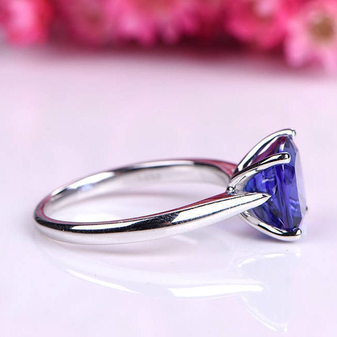 Sapphire engagement ring 9mm cushion cut lab created blue sapphire plain gold band solid 14k white gold anniversary ring custom jewelry