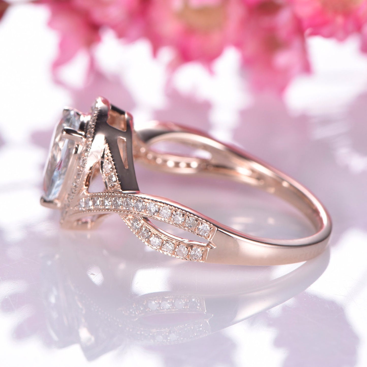 Aquamarine engagement ring split shank solid 14k rose gold wedding band 6x8mm pear cut VVS aquamarine natural diamond accents promise ring