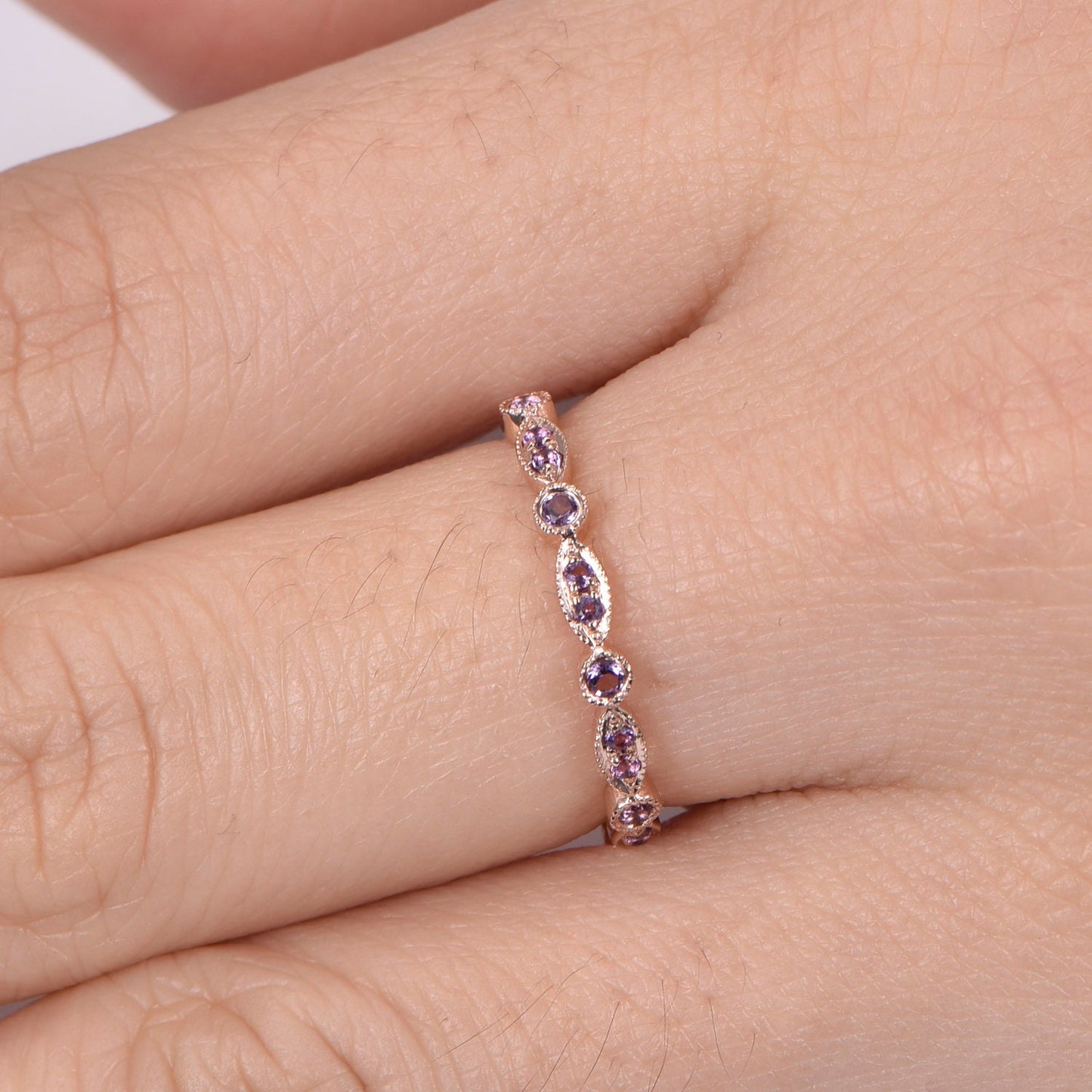 Amethyst ring gift art deco half eternity amethyst wedding band milgrain style ring 14k yellow gold matching band natural gemstone IF color