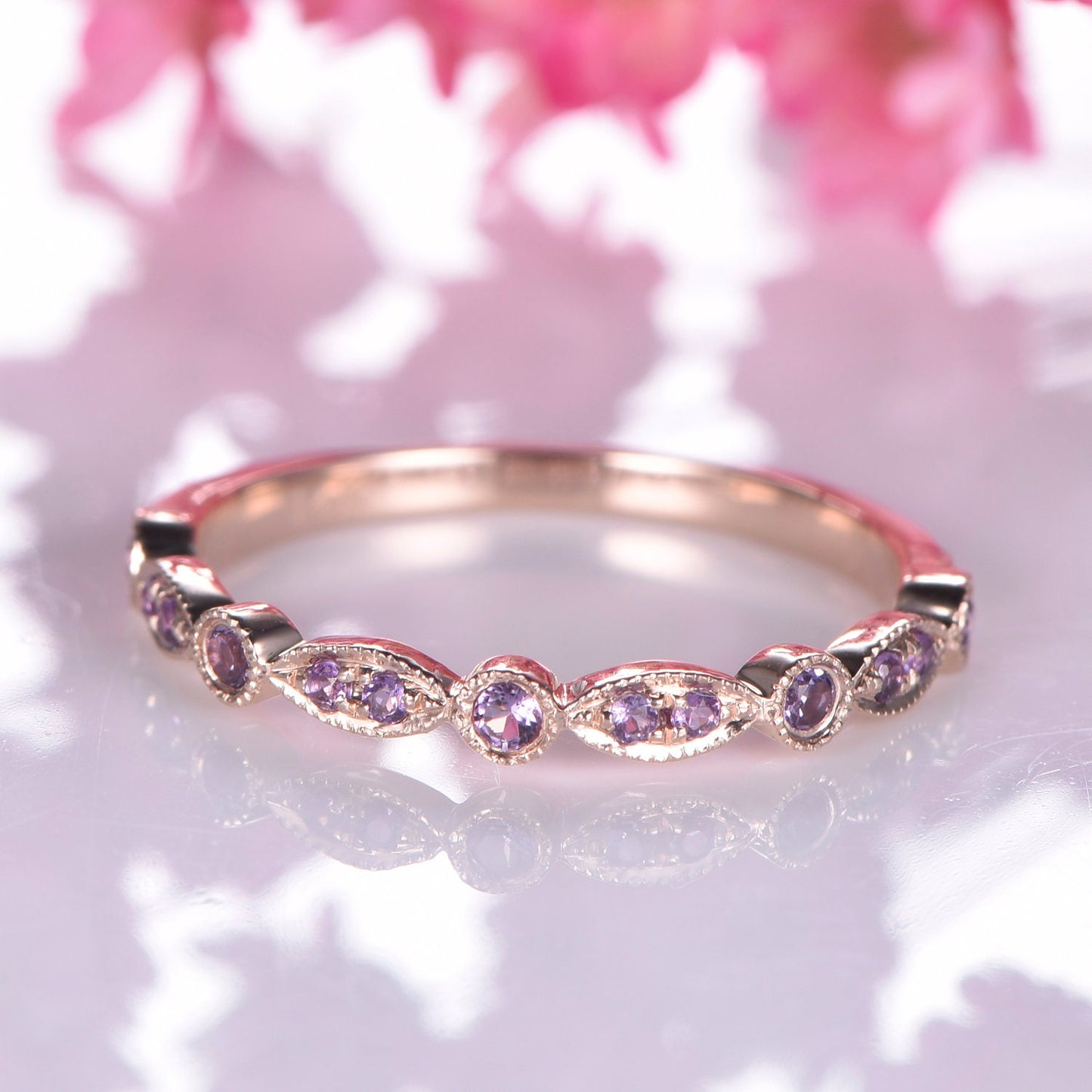 Amethyst ring art deco half eternity amethyst wedding band milgrain style ring 14k white gold matching band natural gemstone IF color