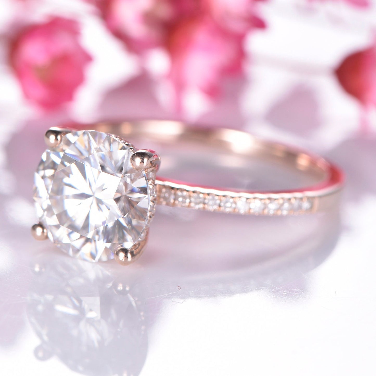 Big moissanite engagement ring rose gold wedding band natural diamonds Charles & Colvard 9mm round cut moissanite 14k/18k custom jewelry