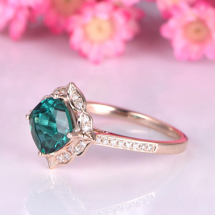 Emerald engagement ring 7mm cushion cut lab created emerald ring floral diamond halo diamond wedding band 14k rose gold anniversary ring