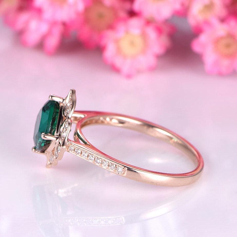 Emerald engagement ring 7mm cushion cut lab created emerald ring floral diamond halo diamond wedding band 14k rose gold anniversary ring