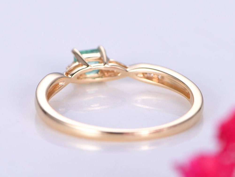 0.27ct emerald ring raw emerald engagement ring 3.5mm emerald cut natural gemstone ring twisted daimond band petit ring solid 14k rose gold