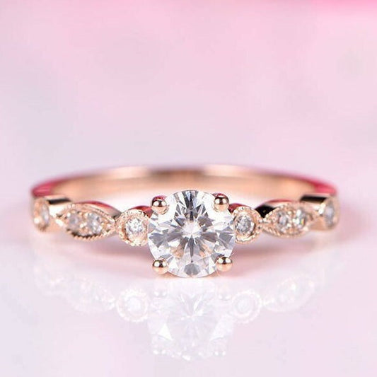 Moissanite ring Charle&Colvard moissanite engagement ring 5mm round cut gemstone milgrain diamond band solid 14k rose gold bridal ring
