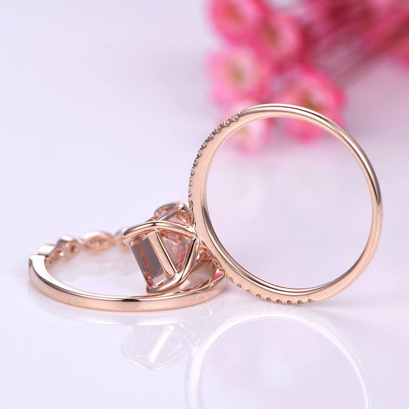 Morganite ring set emerald cut morganite engagement ring half eternity diamond band diamond stacking ring14k rose gold bridal ring set