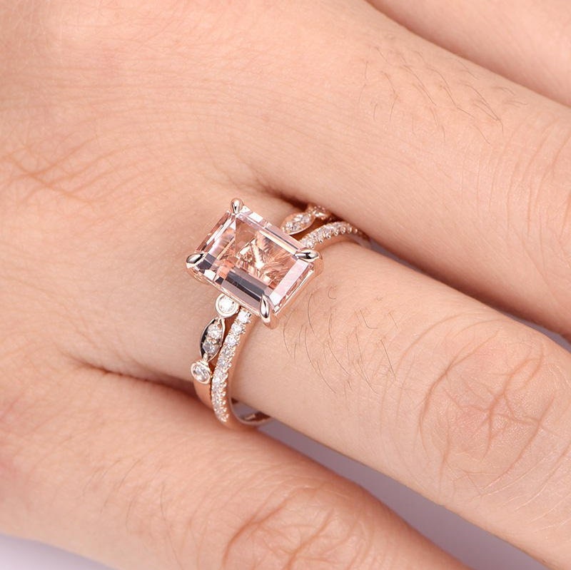 Morganite ring set emerald cut morganite engagement ring half eternity diamond band diamond stacking ring14k rose gold bridal ring set
