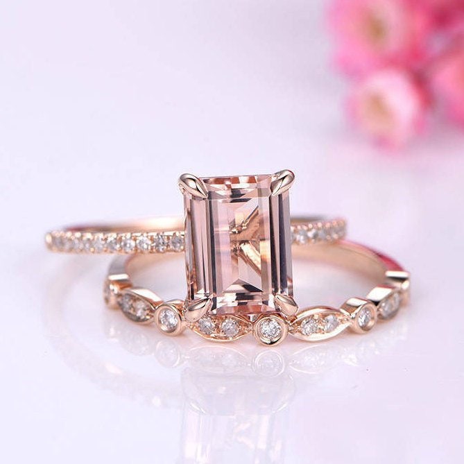 Morganite ring set emerald cut morganite engagement ring half eternity diamond band diamond stacking ring14k rose gold bridal ring set