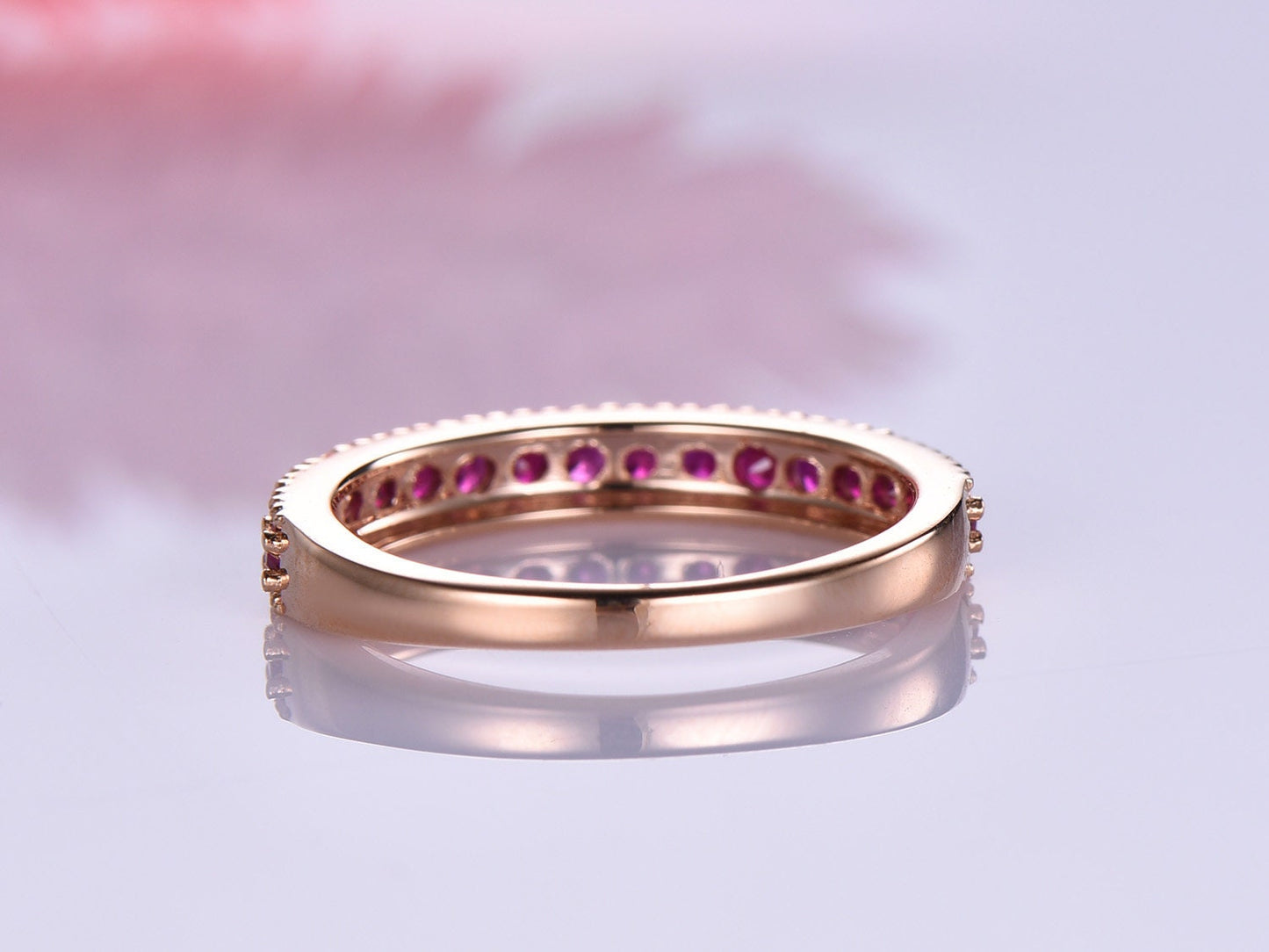 Ruby wedding band 14k rose gold half eternity ring milgrain style July birthstone ring natural gemstone anniversary gift