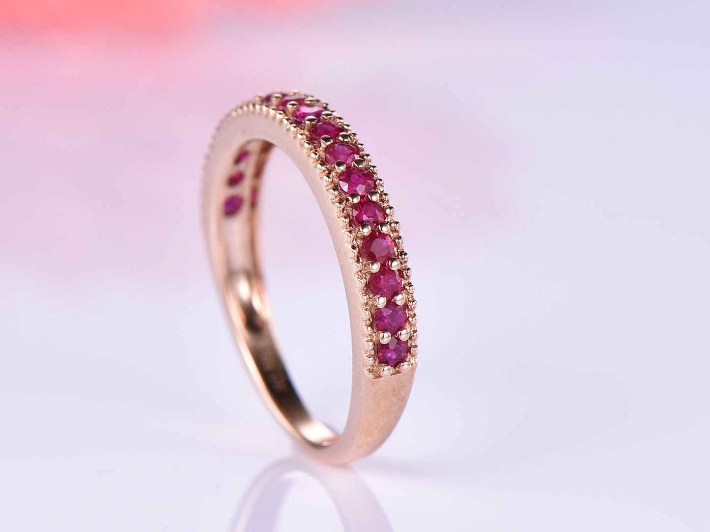 Ruby wedding band 14k rose gold half eternity ring milgrain style July birthstone ring natural gemstone anniversary gift