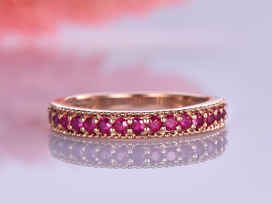 Ruby wedding band 14k rose gold half eternity ring milgrain style July birthstone ring natural gemstone anniversary gift