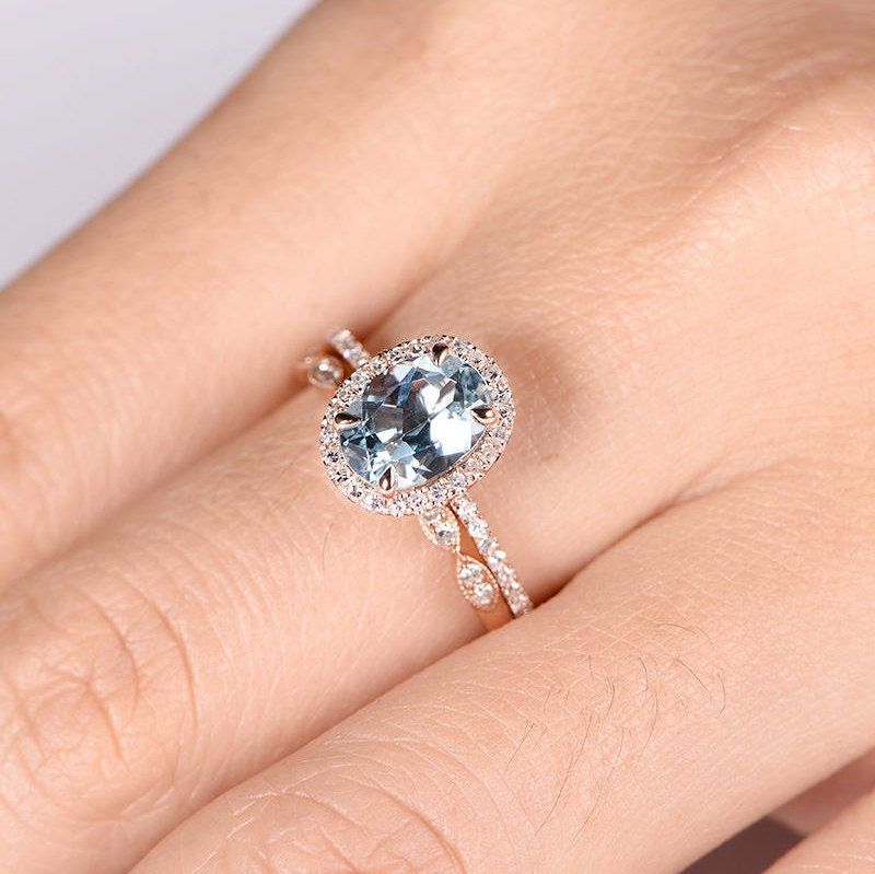 Aquamarine ring set Aquamarine engagement ring diamond ring 6x8mm oval cut natural gemstone milgrain diamond wedding band 14k rose gold