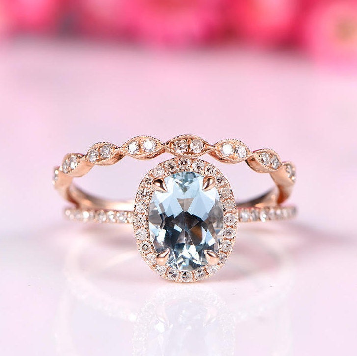 Aquamarine ring set Aquamarine engagement ring diamond ring 6x8mm oval cut natural gemstone milgrain diamond wedding band 14k rose gold