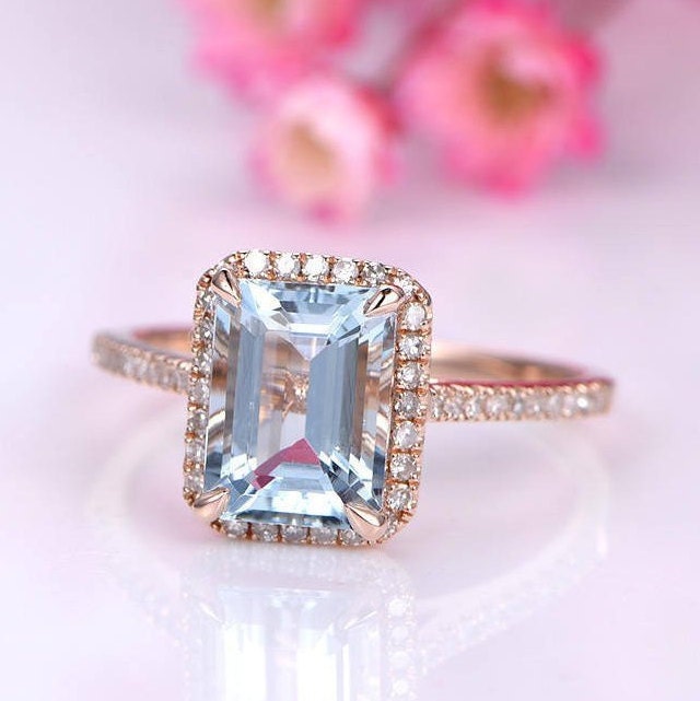 Aquamarine ring Aquamarine engagement ring diamond wedding band 6x8mm emerald cut birthstone anniversary ring 14k rose gold wedding ring