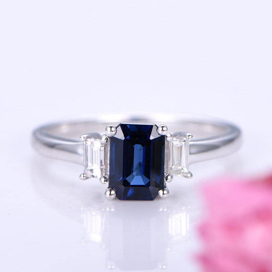 Sapphire ring 5X7mm emerald cut sapphire engagement ring moissanite accent stone moissanite ring plain gold band bridal ring 14k white gold