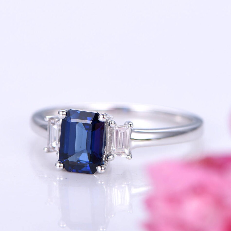 Sapphire ring 5X7mm emerald cut sapphire engagement ring moissanite accent stone moissanite ring plain gold band bridal ring 14k white gold