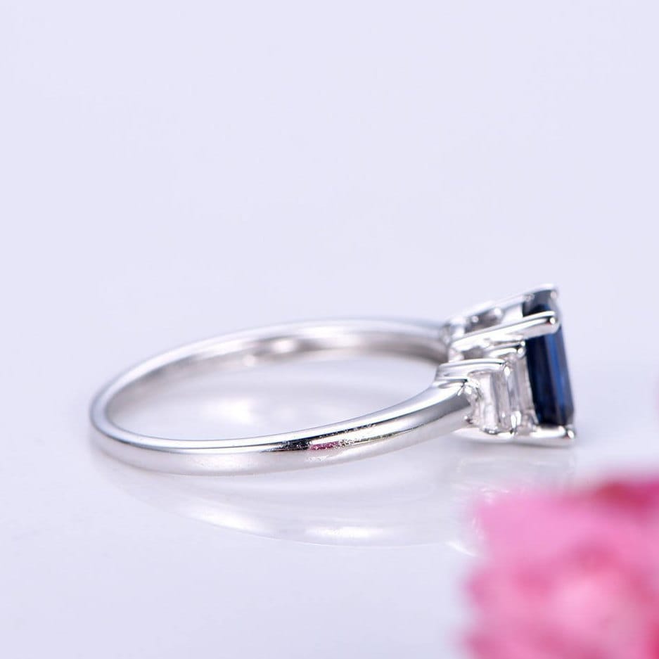 Sapphire ring 5X7mm emerald cut sapphire engagement ring moissanite accent stone moissanite ring plain gold band bridal ring 14k white gold