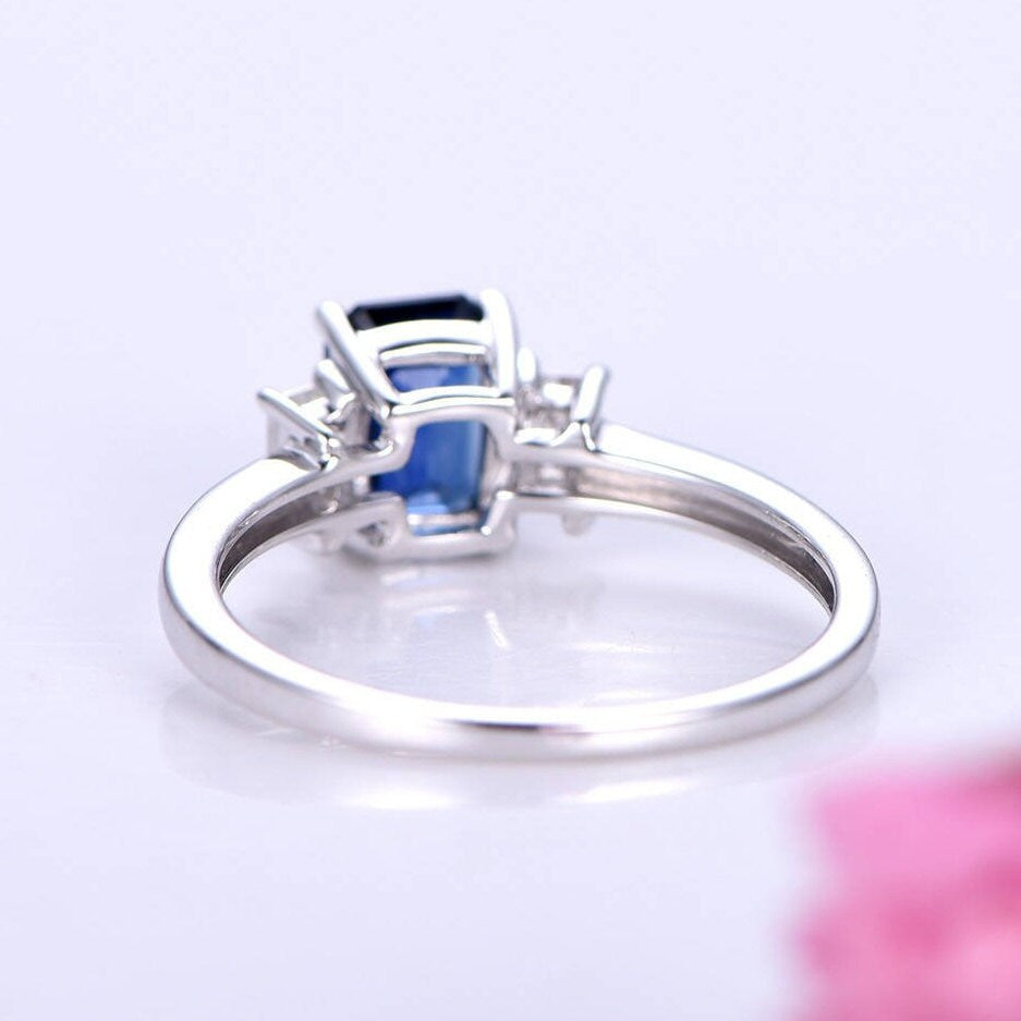 Sapphire ring 5X7mm emerald cut sapphire engagement ring moissanite accent stone moissanite ring plain gold band bridal ring 14k white gold