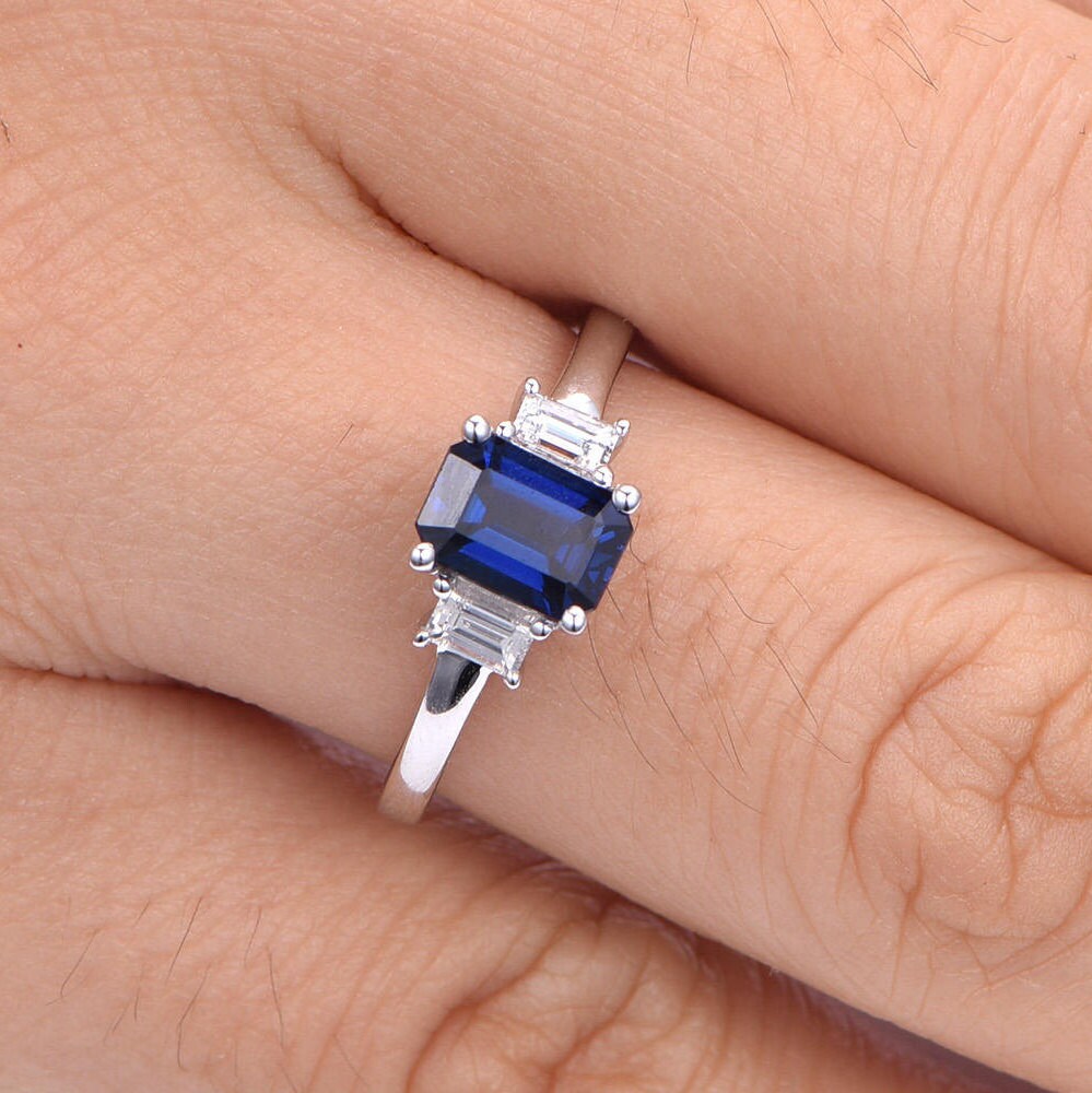 Sapphire ring 5X7mm emerald cut sapphire engagement ring moissanite accent stone moissanite ring plain gold band bridal ring 14k white gold