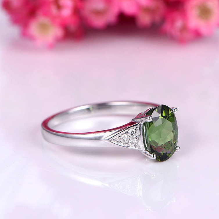 Tourmaline ring green tourmaline engagement ring diamond band 7x9mm oval cut gemstone ring solid 14k white gold bridal ring promise ring