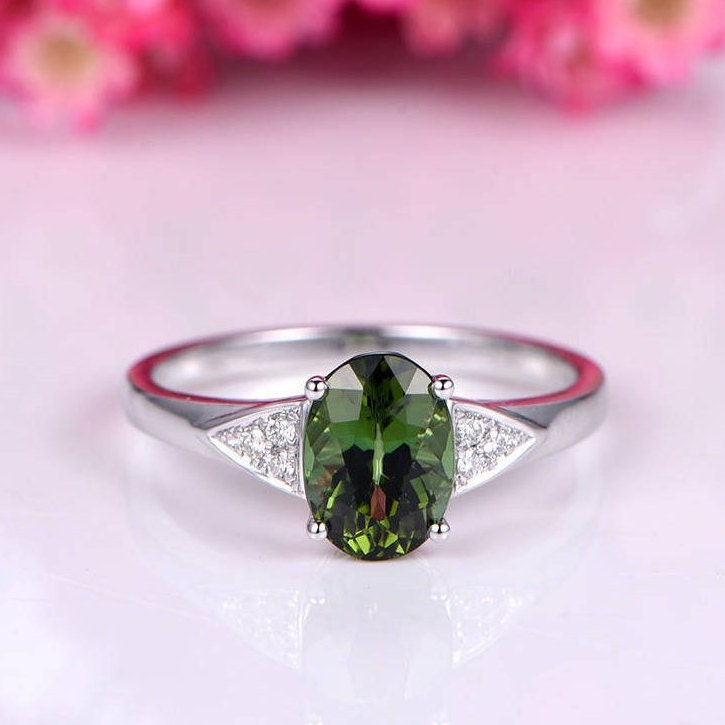 Tourmaline ring green tourmaline engagement ring diamond band 7x9mm oval cut gemstone ring solid 14k white gold bridal ring promise ring