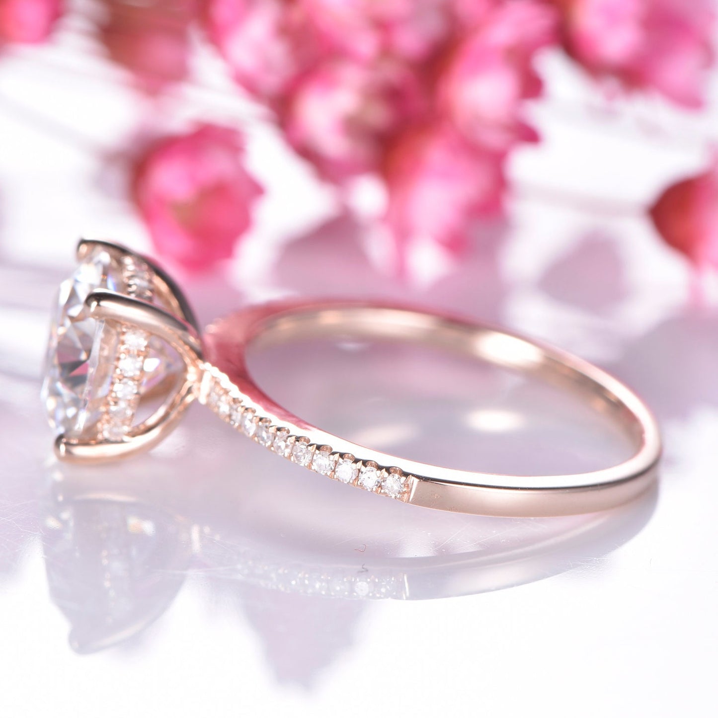 Big moissanite engagement ring rose gold wedding band natural diamonds Charles & Colvard 9mm round cut moissanite 14k/18k custom jewelry