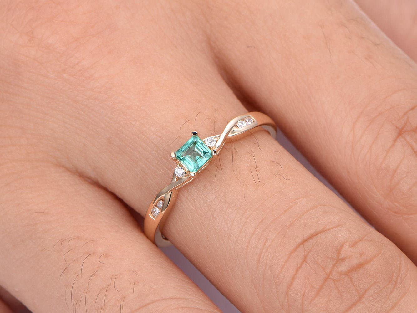 0.27ct emerald ring raw emerald engagement ring 3.5mm emerald cut natural gemstone ring twisted daimond band petit ring solid 14k rose gold