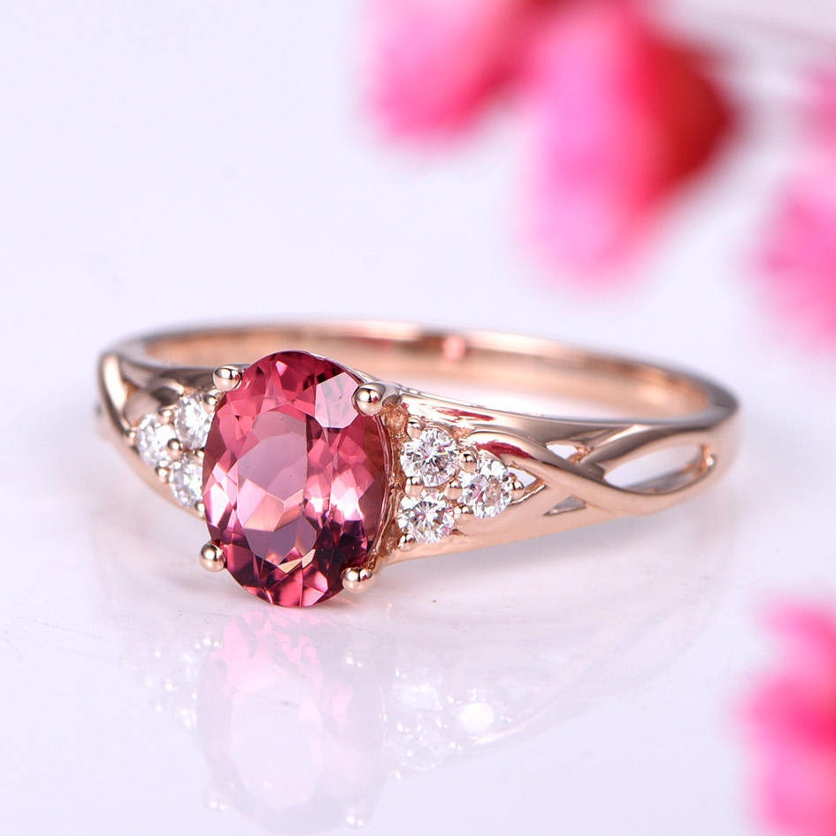 Tourmaline ring 1.35ct pink tourmaline ring full cut diamond wedding band diamond engagement ring soild 14k rose gold promise ring