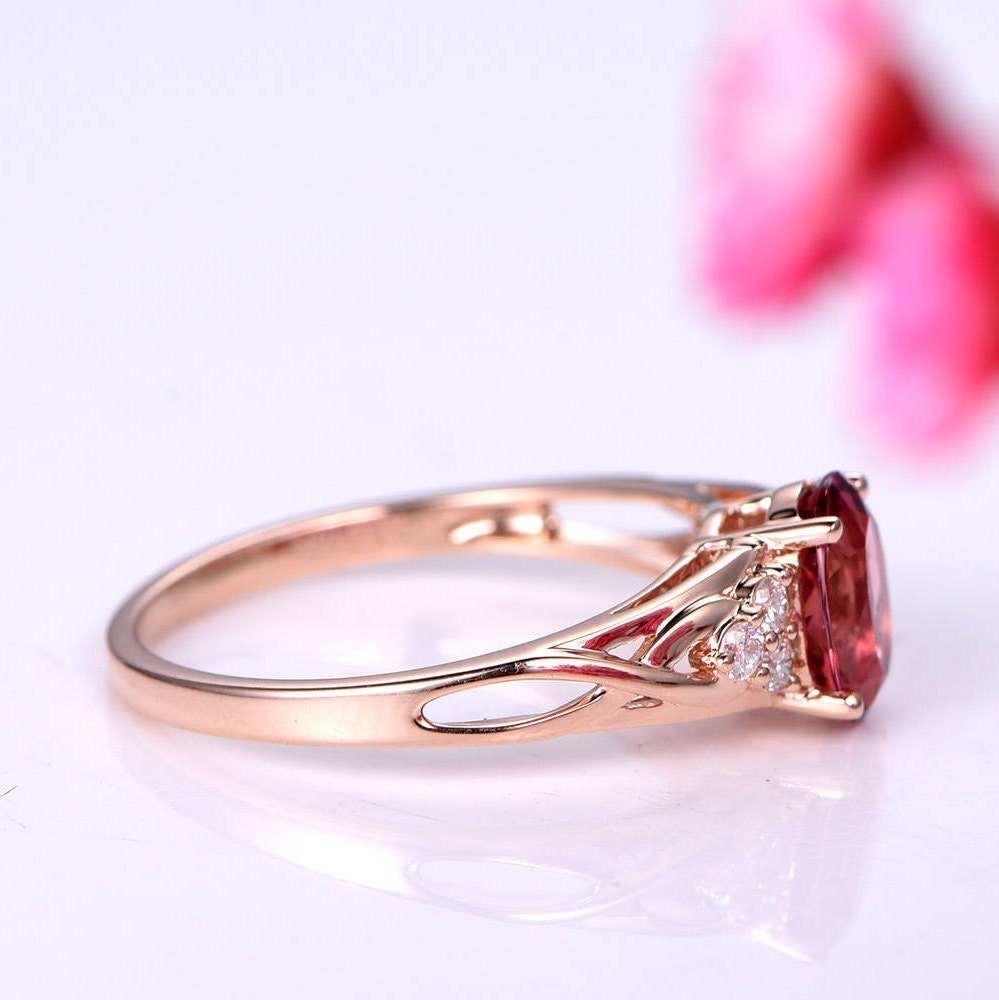 Tourmaline ring 1.35ct pink tourmaline ring full cut diamond wedding band diamond engagement ring soild 14k rose gold promise ring