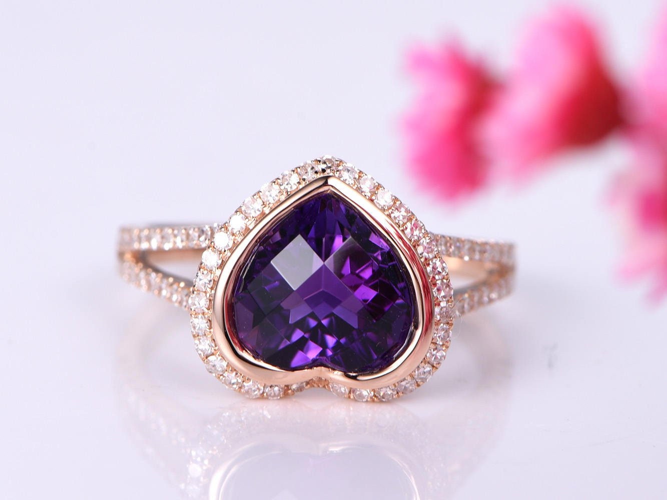 Heart shape amethyst ring 3.75ct natural amethyst engagement ring diamond ring split shank diamond wedding band 14k rose gold Christmas gift