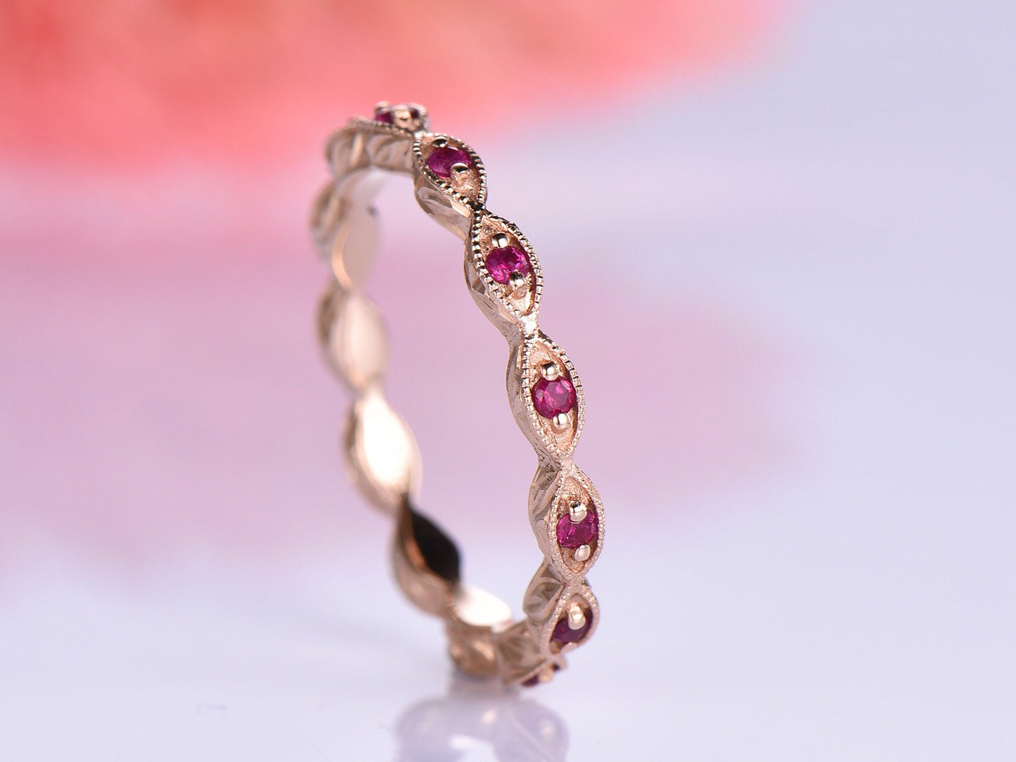 Rose gold ruby wedding band full eternity ring art deco milgrain style natural birthstone everyday rings solid 14k promise ring anniversary