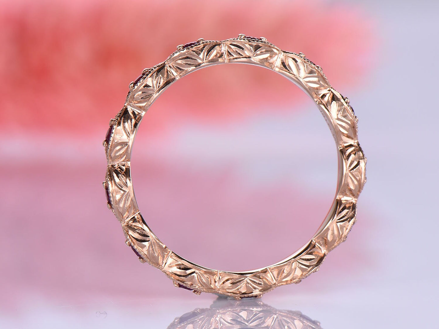 Rose gold ruby wedding band full eternity ring art deco milgrain style natural birthstone everyday rings solid 14k promise ring anniversary