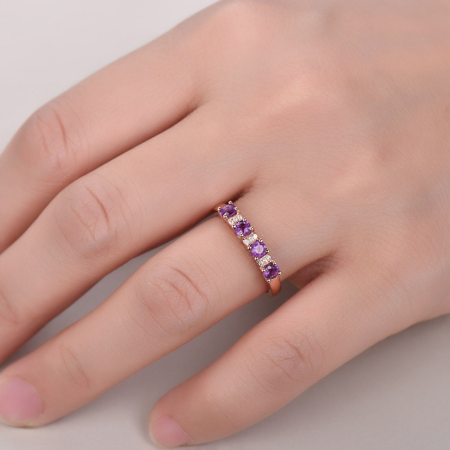Amethyst diamond wedding band 14k/18k rose gold half eternity engagement ring women bridal promise ring natural birthstone matching band