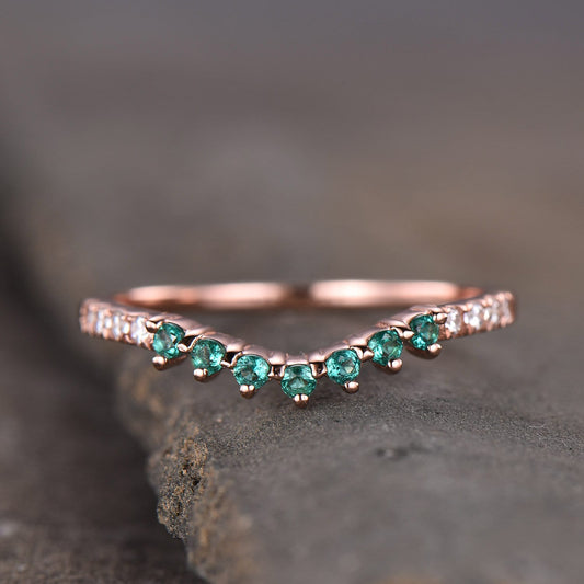 Dainty Emerald Ring May Birthstone Ring Emerald Silver Ring Curve Stacking Ring Gemstones Ring CZ Diamond Wedding Band Anniversary Gift