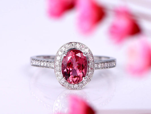 Tourmaline ring 1.3ct pink tourmaline engagement ring diamond wedding band diamond ring natural gemstone solid 14k rose gold