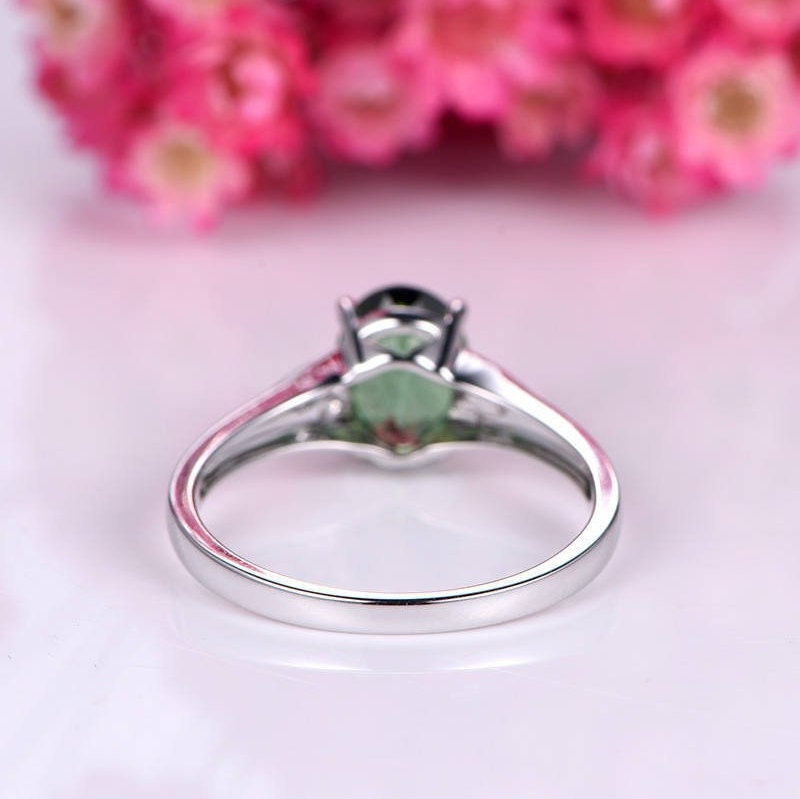 Tourmaline ring green tourmaline engagement ring diamond band 7x9mm oval cut gemstone ring solid 14k white gold bridal ring promise ring