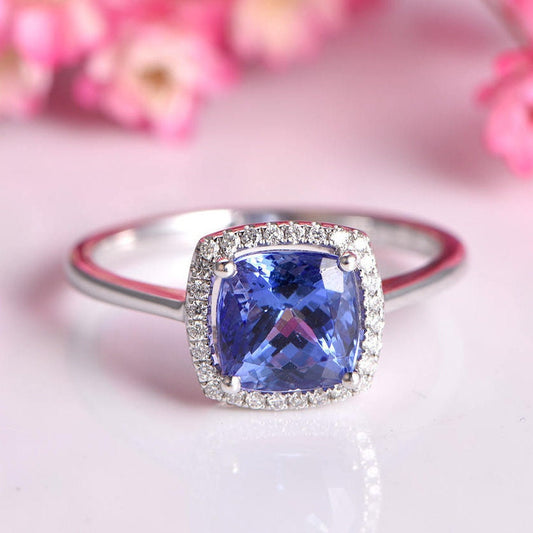 2.3ct Tanzanite Ring 7.5mm cushion cut tanzanite engagement ring diamond halo plain gold band solid 14k white gold ring custom jewelry