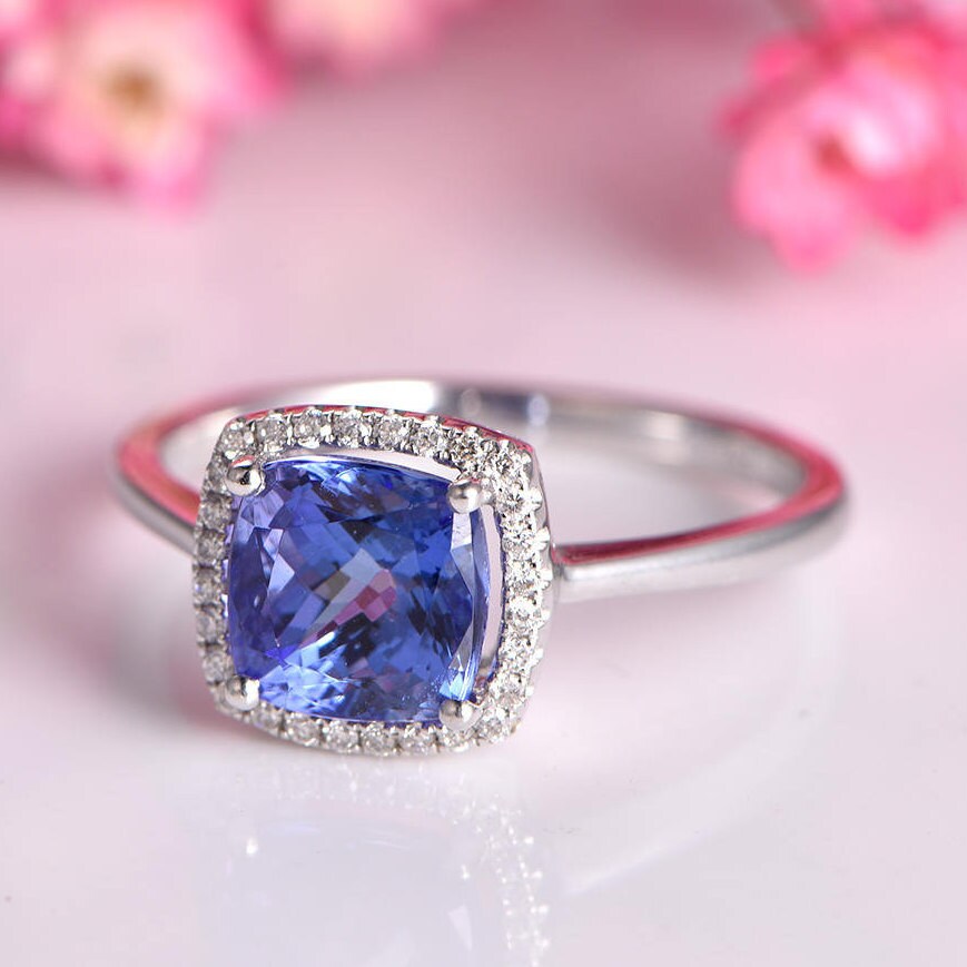 2.3ct Tanzanite Ring 7.5mm cushion cut tanzanite engagement ring diamond halo plain gold band solid 14k white gold ring custom jewelry