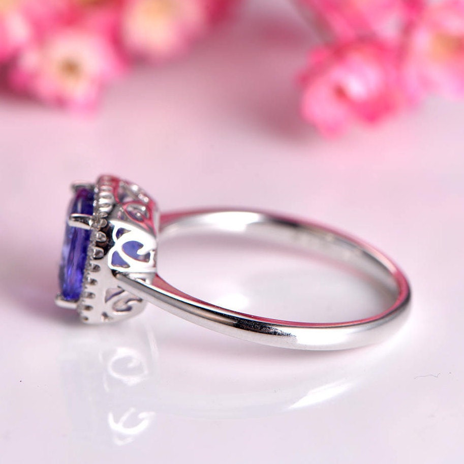 2.3ct Tanzanite Ring 7.5mm cushion cut tanzanite engagement ring diamond halo plain gold band solid 14k white gold ring custom jewelry