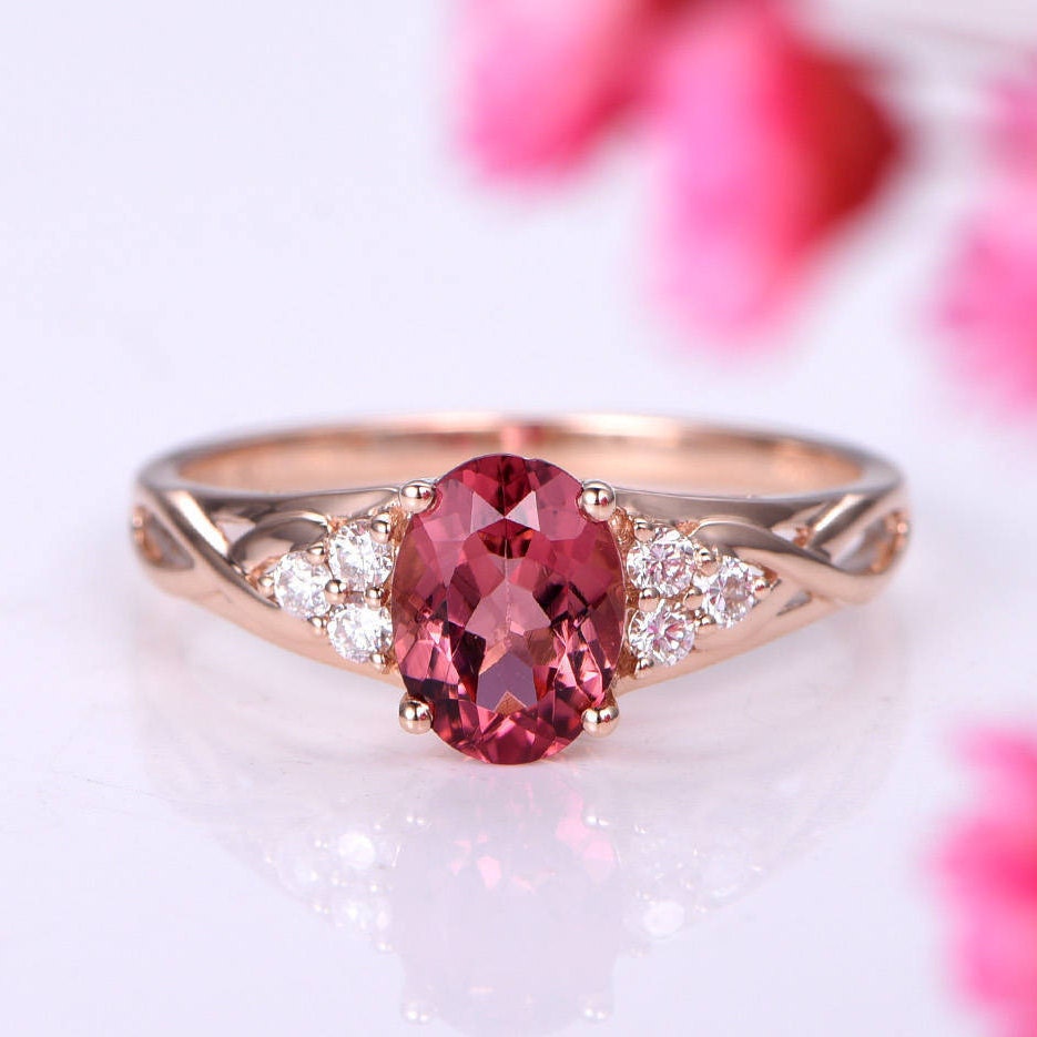 Tourmaline ring 1.35ct pink tourmaline ring full cut diamond wedding band diamond engagement ring soild 14k rose gold promise ring