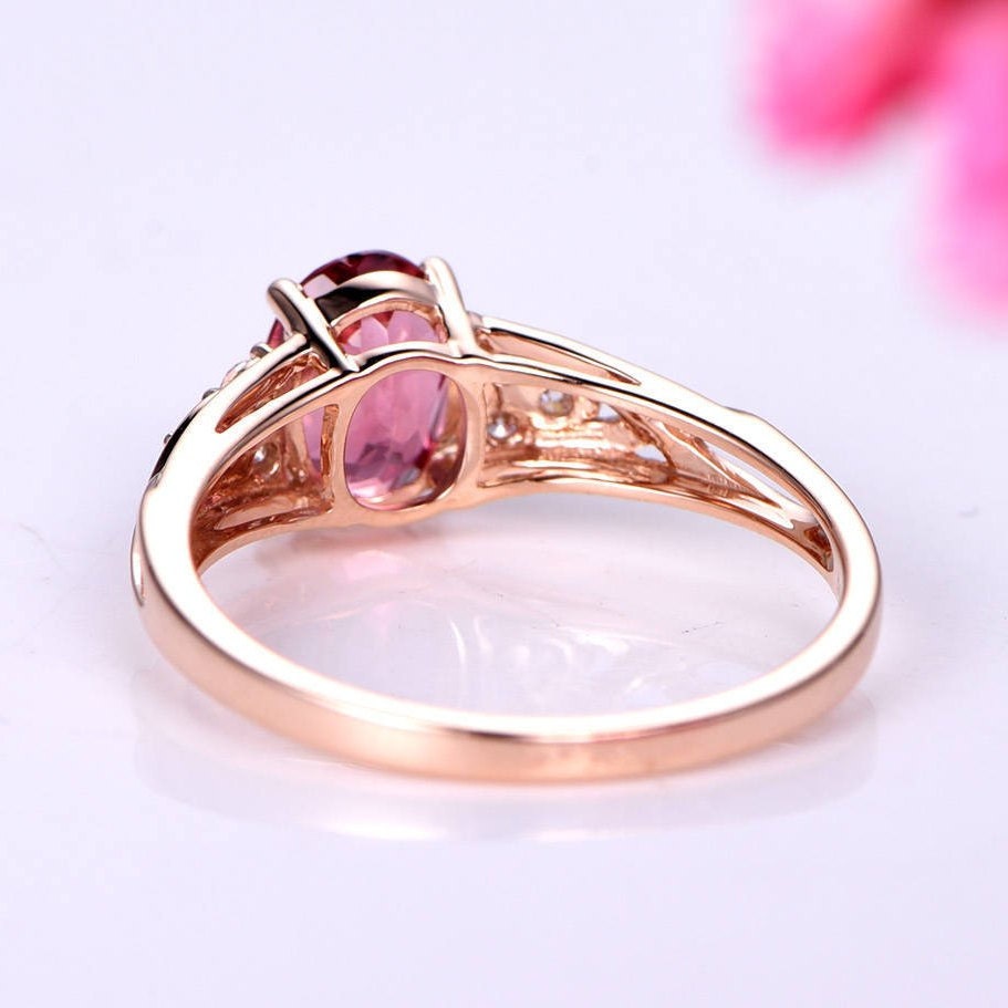 Tourmaline ring 1.35ct pink tourmaline ring full cut diamond wedding band diamond engagement ring soild 14k rose gold promise ring
