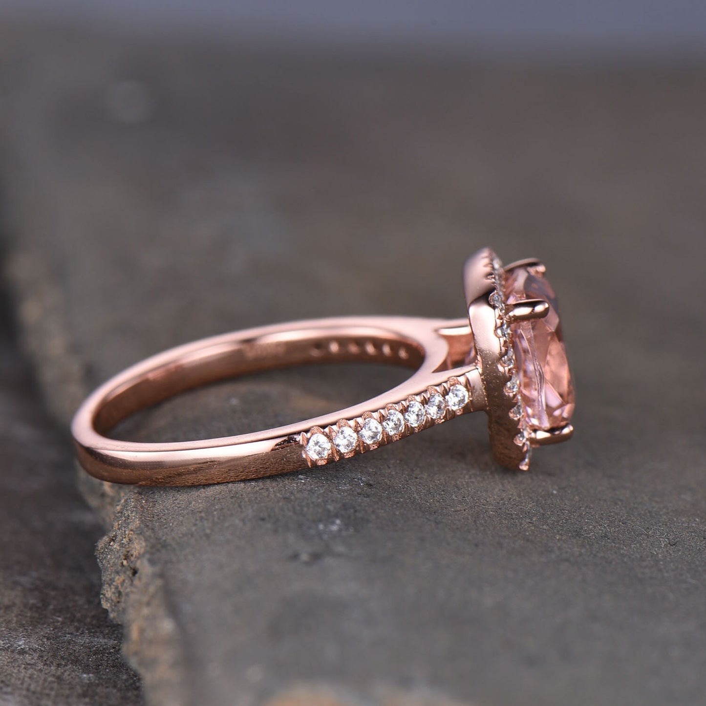 Pink Morganite Ring 8mm Cushion Morganite Engagement Ring Halo Ring Statement Ring Sterling Silver Ring 14K Rose Gold Ring Promise Ring