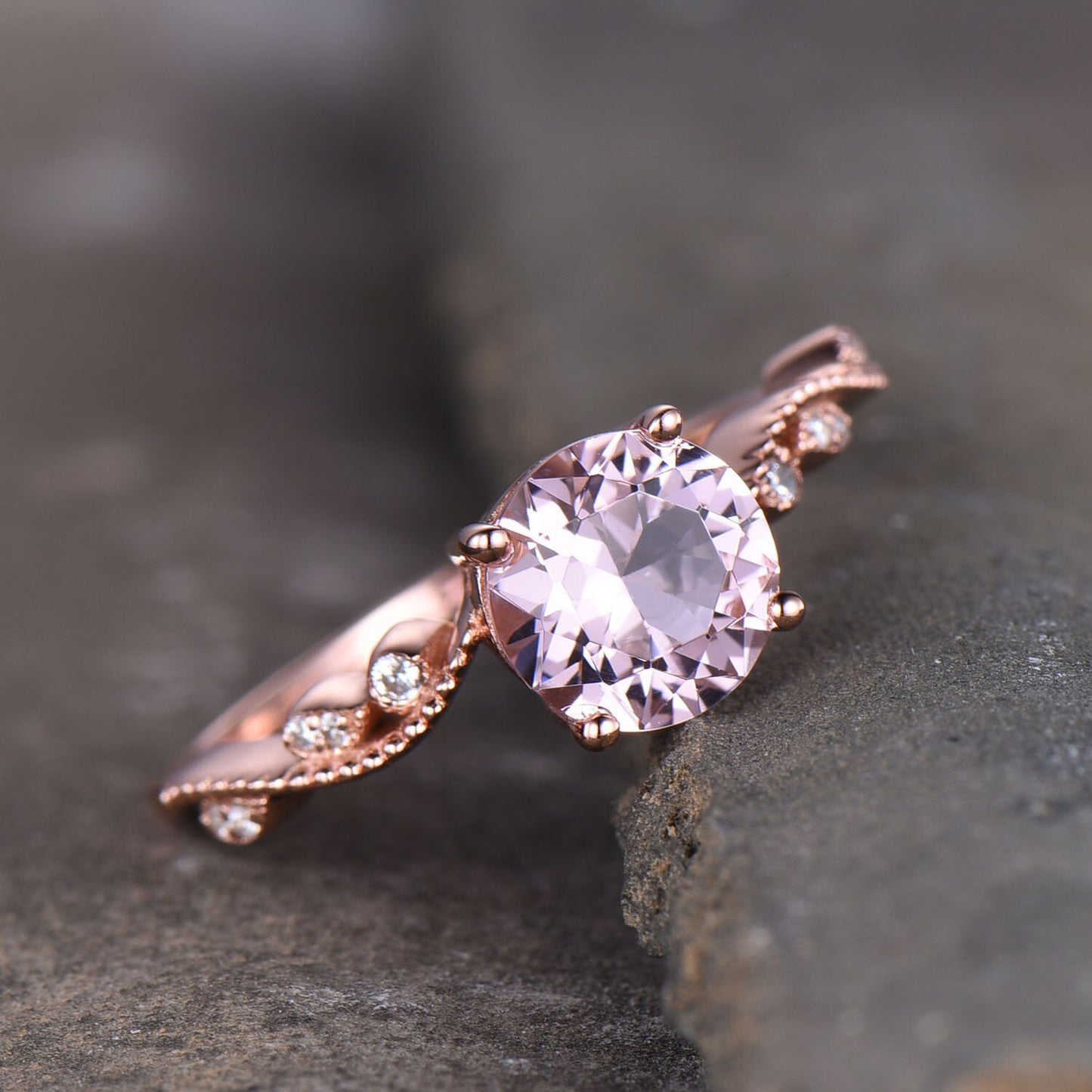 Morganite Engagement Ring, Pink Morganite Ring, Rose Gold Morganite Ring, Art Deco Band, Sterling Silver Ring, Promise Ring,Anniversary Gift