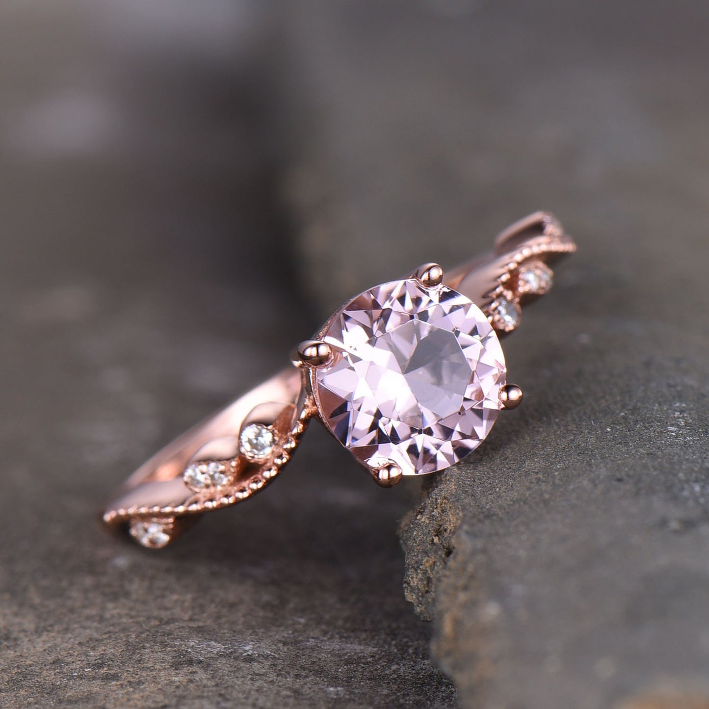 Morganite Engagement Ring, Pink Morganite Ring, Rose Gold Morganite Ring, Art Deco Band, Sterling Silver Ring, Promise Ring,Anniversary Gift
