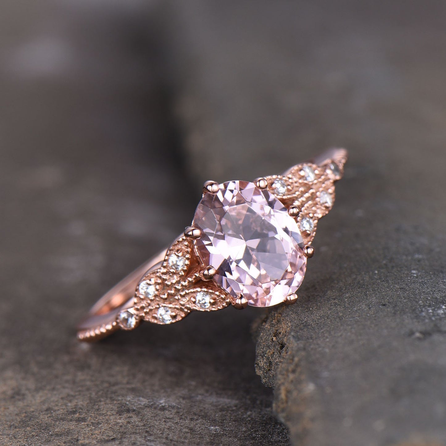 14K Rose Gold Morganite Engagement Ring Oval Morganite Ring Vintage Style Ring Art Deco Band Sterling Silver Ring Pink Gemstone Promise Ring